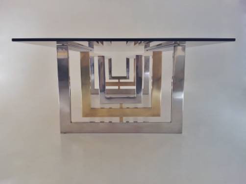 Romeo Rega signed vintage coffee table, brass, chrome & glass, 1980`s ca, Italian